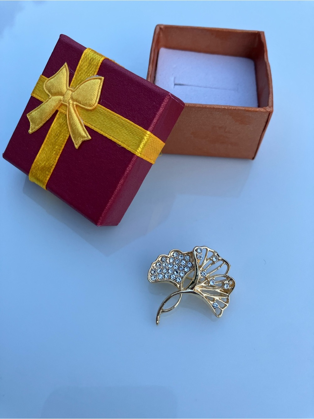 Gold Crystal Ginkgo Leaf Brooch - Elegant Women's Pin INCLUDES GIFT BOX